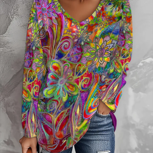 Women Abstract Long Sleeve Tee T-shirt V Neck Printing Casual Graphic Tee Spring/Fall Top, JustFashionNow T-Shirts, color:Fuchsia|size:XXL