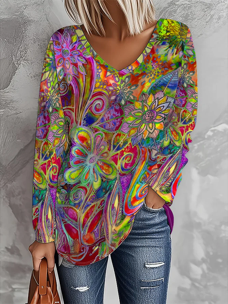 Women Abstract Long Sleeve Tee T-shirt V Neck Printing Casual Graphic Tee Spring/Fall Top, JustFashionNow T-Shirts, color:Fuchsia|size:XXL