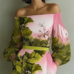 Elegant Floral Printing Off The Shoulder Blouse, Blouses and Shirts, color:As Picture|size:XXL, Stylewe