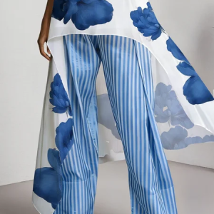 Casual Striped Wide Leg Pants, Pants, color:Blue|size:XXL, Stylewe