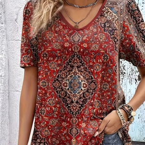 Women Ethnic Short Sleeve Tee T-shirt V Neck Printing Vintage Summer Top, JustFashionNow T-Shirts, color:Red|size:4XL