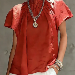 Satin Urban Plain Stand Collar Blouse, Blouses and Shirts, color:Red|size:XXL, Stylewe