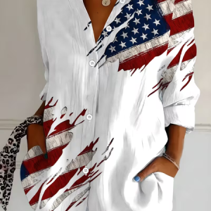 Independence Day Shirt Sleeve Long Sleeve America Flag Printing Buckle Loose Button Up Shirt Shirt For Women, Shirts, color:White|size:XXL, catalog Noracora shop