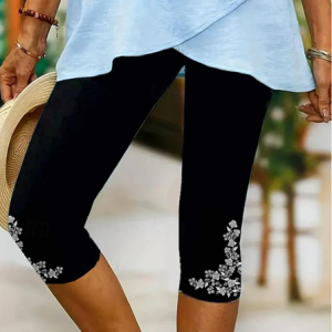 Women Floral Capris Elastic Waist Pants Casual Summer Trousers, JustFashionNow Leggings, color:Black|size:XXL