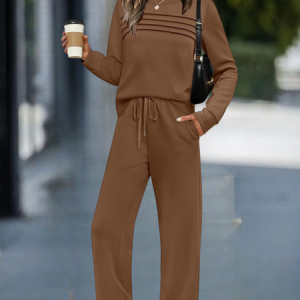 Women Plain Split Joint Two-Piece Set Daily Long Sleeve Casual Spring/Fall Top With Pants Matching Set, JustFashionNow Suit Set, color:Coffee|size:5XL