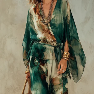 Vacation Random Print Printing V Neck Blouse With Belt, Blouses and Shirts, color:Green|size:XXL, Stylewe