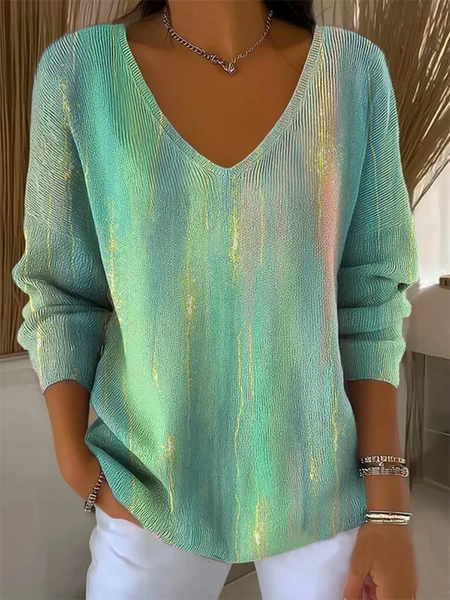 Women Abstract Long Sleeve Tee T-shirt V Neck Printing Casual Spring/Fall Top, JustFashionNow T-Shirts, color:Green|size:4XL - Image 2