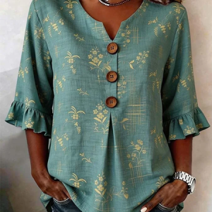 V Neck Half Sleeve Floral Printing Regular Micro-Elasticity Regular Fit Blouse For Women, Shirts, color:Green|size:5XL, catalog Noracora shop