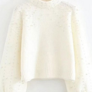 Women Plain Beaded Winter Street Balloon Sleeve Long Sleeve Mock Neck Cotton-Blend Sweater, JustFashionNow Sweaters, color:White|size:XXL