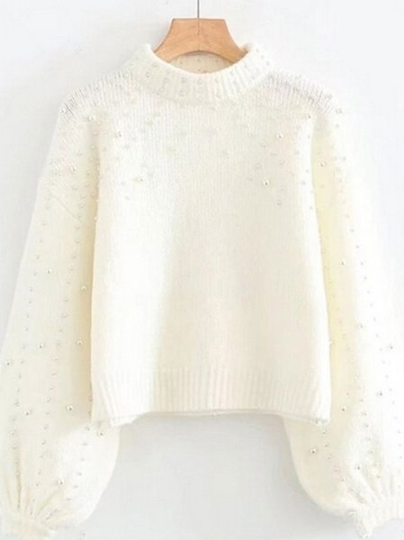 Women Plain Beaded Winter Street Balloon Sleeve Long Sleeve Mock Neck Cotton-Blend Sweater, JustFashionNow Sweaters, color:White|size:XXL