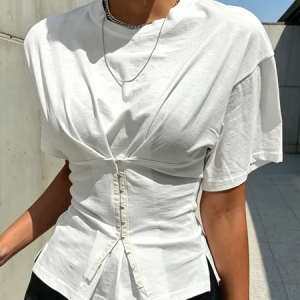 Casual Plain Button Detail T-shirt, Tees, color:White|size:XXL, Stylewe