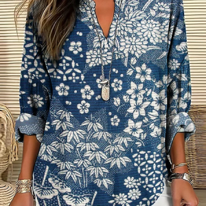 Women Floral V Neck Long Sleeve Blouse Printing Casual Daily Spring/Fall Top, JustFashionNow Shirts, color:Navyblue|size:5XL