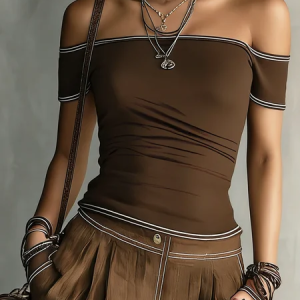 Casual Color Block Cold Shoulder T-shirt, Tees, color:Brown|size:XXL, Stylewe