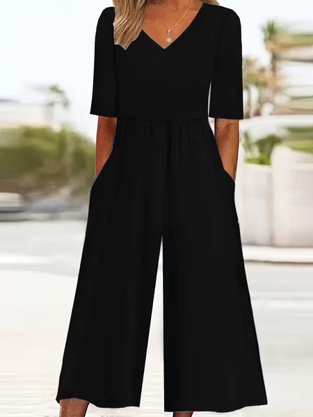 Women Plain V Neck Half Sleeve Casual Summer Jumpsuit, JustFashionNow Jumpsuits&Rompers, color:Black|size:4XL