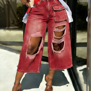 Loose Casual Denim Ripped Jeans, Jeans, color:Red|size:XXL, Stylewe
