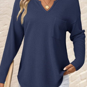 Women Plain Long Sleeve Tee T-shirt V Neck Split Joint Casual Spring/Fall Top, JustFashionNow T-Shirts, color:Deep Blue|size:XXL