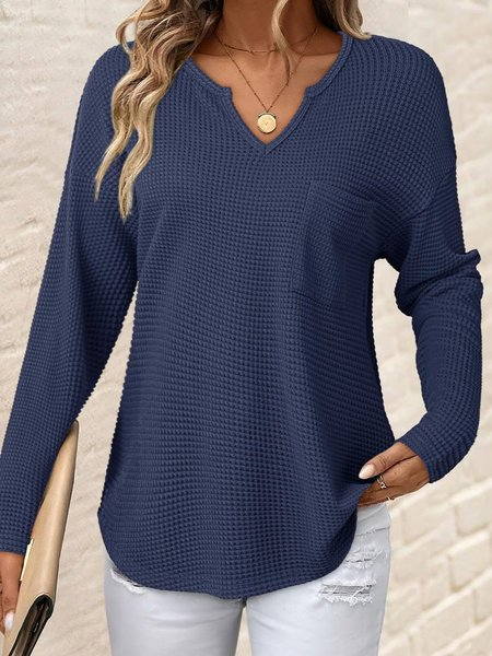 Women Plain Long Sleeve Tee T-shirt V Neck Split Joint Casual Spring/Fall Top, JustFashionNow T-Shirts, color:Deep Blue|size:XXL