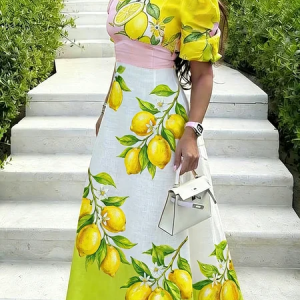 Vacation Lemon Crew Neck Midi Dress, Maxi Dresses, color:Yellow|size:XXL, Stylewe