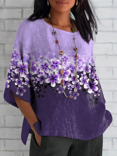 Women Floral Half Sleeve Tee T-shirt Crew Neck Casual Summer Top, JustFashionNow T-Shirts, color:Purple|size:5XL - Image 5