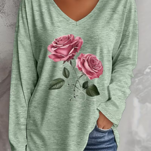 Women Floral Long Sleeve Tee T-shirt V Neck Printing Casual Graphic Tee Spring/Fall Top, JustFashionNow T-Shirts, color:Green|size:XXL