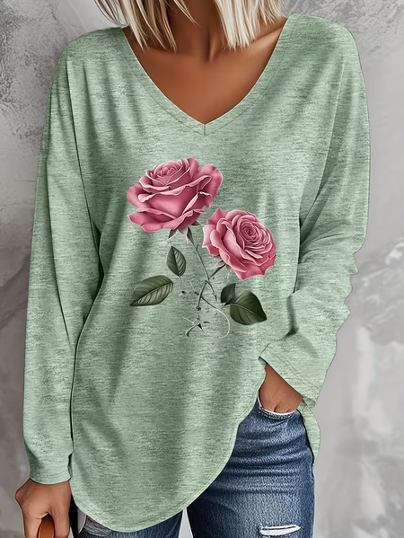 Women Floral Long Sleeve Tee T-shirt V Neck Printing Casual Graphic Tee Spring/Fall Top, JustFashionNow T-Shirts, color:Green|size:XXL