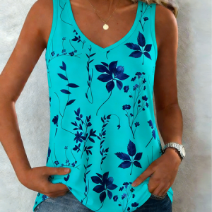 Women Sleeveless Tank Top Camisole Summer Floral V Neck Daily Casual Top, JustFashionNow Tanks & Camis, color:Cyan|size:4XL