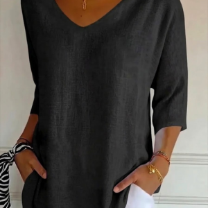 Women Plain Three Quarter Sleeve Tee T-shirt V Neck Printing Casual Graphic Tee Spring/Fall Top, JustFashionNow T-Shirts, color:Black|size:5XL