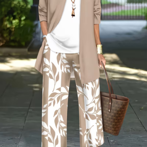 Women Plants Printing Matching Outfit Daily Long Sleeve Casual Spring/Fall Multi-Piece Set Matching Set, JustFashionNow Suit Set, color:Khaki|size:XXL
