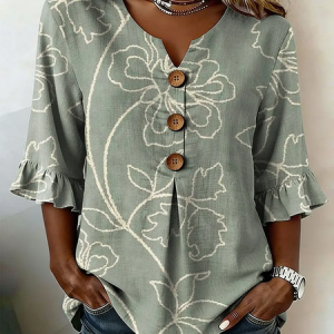 V Neck Half Sleeve Floral Printing Regular Micro-Elasticity Regular Fit Blouse For Women, Blouses, color:Green|size:5XL, catalog Noracora shop