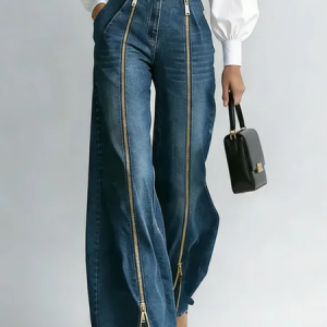 Casual Long Straight Pants H-Line Zipper Regular Fit Daily, Jeans, color:Blue|size:XXL, Stylewe