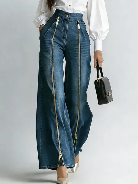 Casual Long Straight Pants H-Line Zipper Regular Fit Daily, Jeans, color:Blue|size:XXL, Stylewe