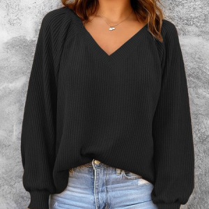 Women Plain V Neck Split Joint Casual Spring/Fall Long Sleeve Sweatshirt, JustFashionNow Sweatshirts & Hoodies, color:Black|size:3XL