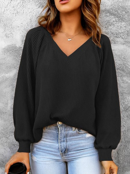 Women Plain V Neck Split Joint Casual Spring/Fall Long Sleeve Sweatshirt, JustFashionNow Sweatshirts & Hoodies, color:Black|size:3XL