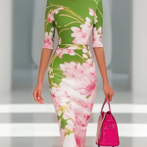 Elegant Bodycon Crew Neck Half Sleeve Midi Dress, Midi Dresses, color:Green|size:XXL, Stylewe
