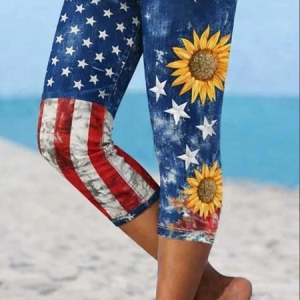 Women Sunflower Capris Elastic Waist Pants Casual Summer Trousers, JustFashionNow Leggings, color:Blue|size:XXL