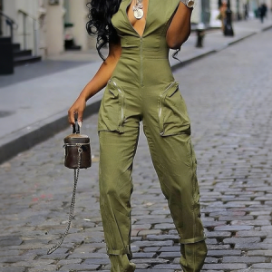 Casual Zipper Plain Shawl Collar Tank Jumpsuit, Jumpsuits, color:Green|size:XXL, Stylewe