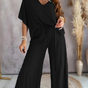 Women Plain Split Joint Two-Piece Set Daily Half Sleeve Casual Summer Top With Pants Matching Set, JustFashionNow Suit Set, color:Black|size:3XL