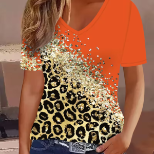 Women Leopard Short Sleeve Tee T-shirt V Neck Casual Summer Top, JustFashionNow T-Shirts, color:Orange|size:XXL