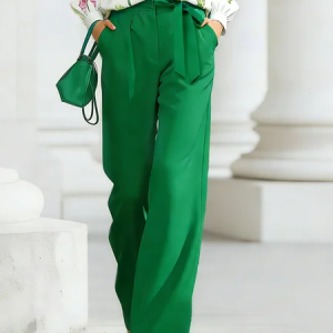 Elegant High-Drape Wide Leg Trousers with Bow Belt, Pants, color:Green|size:XXL, Stylewe