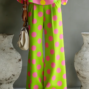 Vacation Polka Dots Printing Wide Leg Pants, Pants, color:Green|size:XXL, Stylewe
