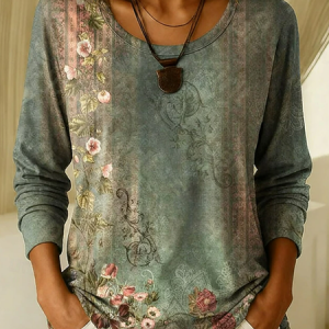 Women Floral Long Sleeve Tee T-shirt Crew Neck Printing Casual Graphic Tee Spring/Fall Top, JustFashionNow T-Shirts, color:Green|size:XXL