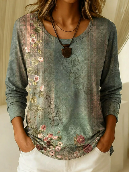Women Floral Long Sleeve Tee T-shirt Crew Neck Printing Casual Graphic Tee Spring/Fall Top, JustFashionNow T-Shirts, color:Green|size:XXL