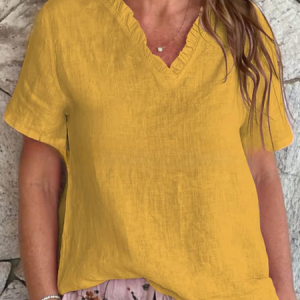Casual Plain V Neck Short Sleeve T-shirt, T-shirts, color:Yellow|size:5XL, catalog Noracora shop