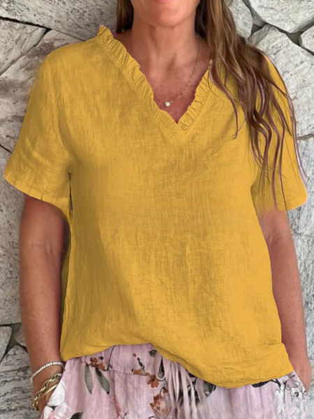 Women Plain Short Sleeve Tee T-shirt V Neck Split Joint Casual Summer Top, JustFashionNow T-Shirts, color:Yellow|size:5XL