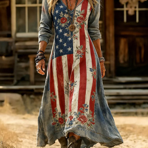 Women Floral Long Sleeve V Neck Printing Dress Daily Vintage Maxi H-Line Spring/Fall Dress, JustFashionNow Casual Dresses, color:As Picture|size:5XL