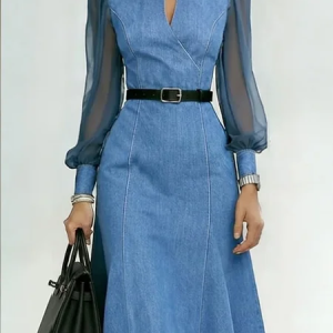 Denim Urban Plain Split Joint Cross Neck Midi Dress With Belt, Midi Dresses, color:Blue|size:XXL, Stylewe