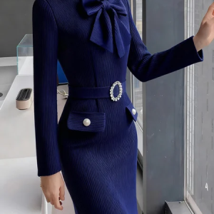 Elegant Plain Bow Sweater Knee Length Dress, Maxi Dresses, color:Deep Blue|size:XXL, Stylewe