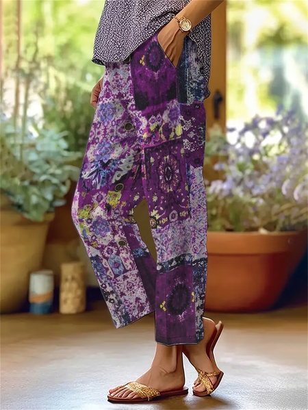 Women Ethnic Geometry Ankle Pants Pants Casual Spring/Fall Trousers, JustFashionNow Pants, color:Purple|size:4XL