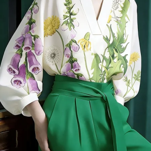 Elegant V-Neck Floral Print Silky Loose Blouse, Blouses and Shirts, color:Green|size:XXL, Stylewe