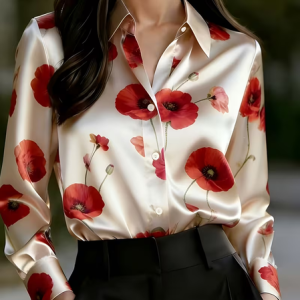 Women Floral Shawl Collar Long Sleeve Shirt Casual Daily Spring/Fall Top, JustFashionNow Shirts, color:Apricot|size:XXL